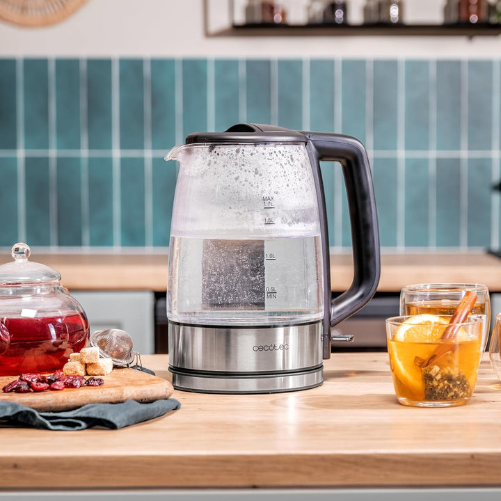 Cecotec Elektrischer Wasserkocher 1,7 L ThermoSense 340 Clear. 2200W, Borosilikatglas-Gehäuse, Leuch