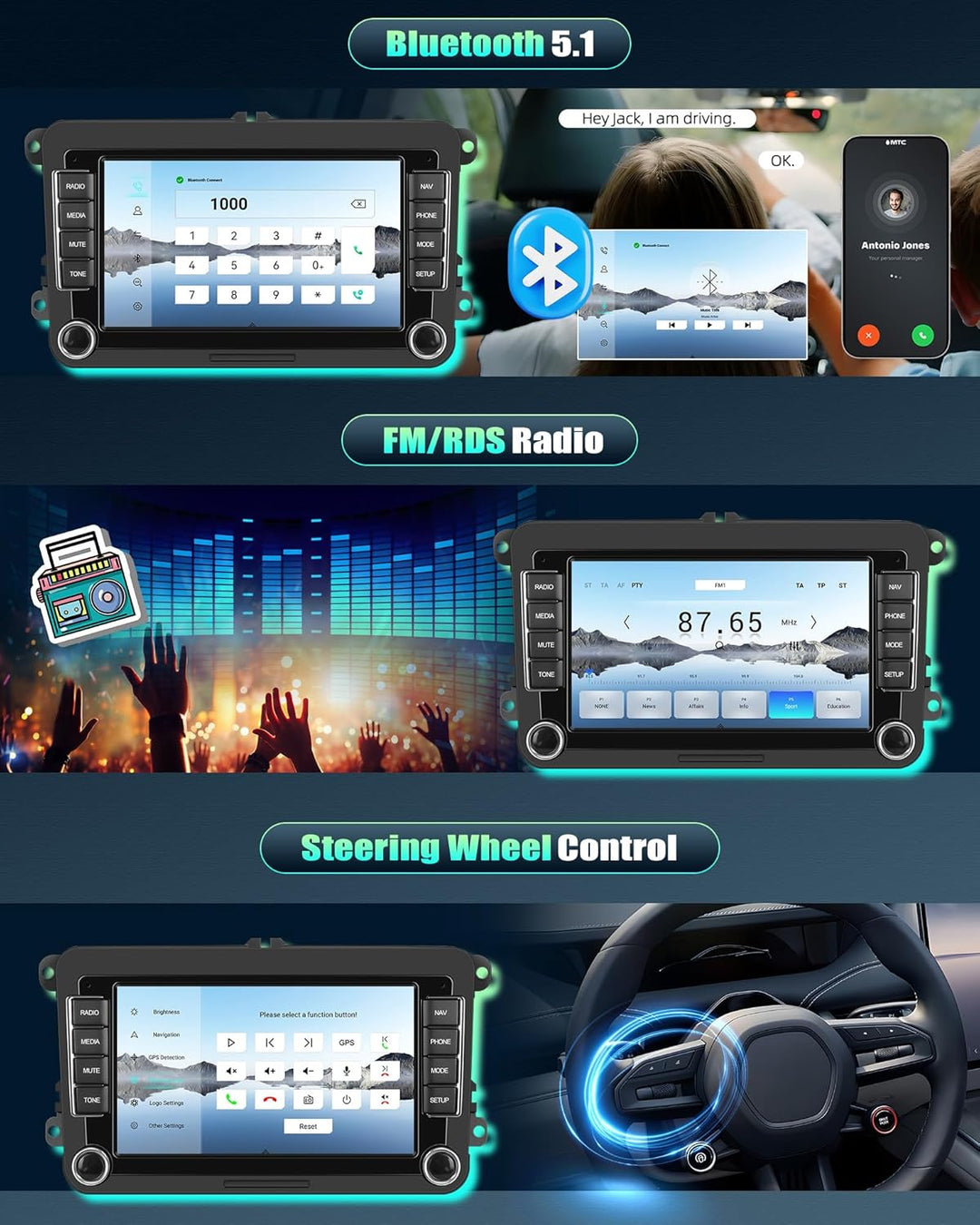 Android 15, CAMECHO 4+64G 8-Kern Qualcomm Autoradio für VW Golf 5 6 Polo Caddy Touran Passat Skoda,