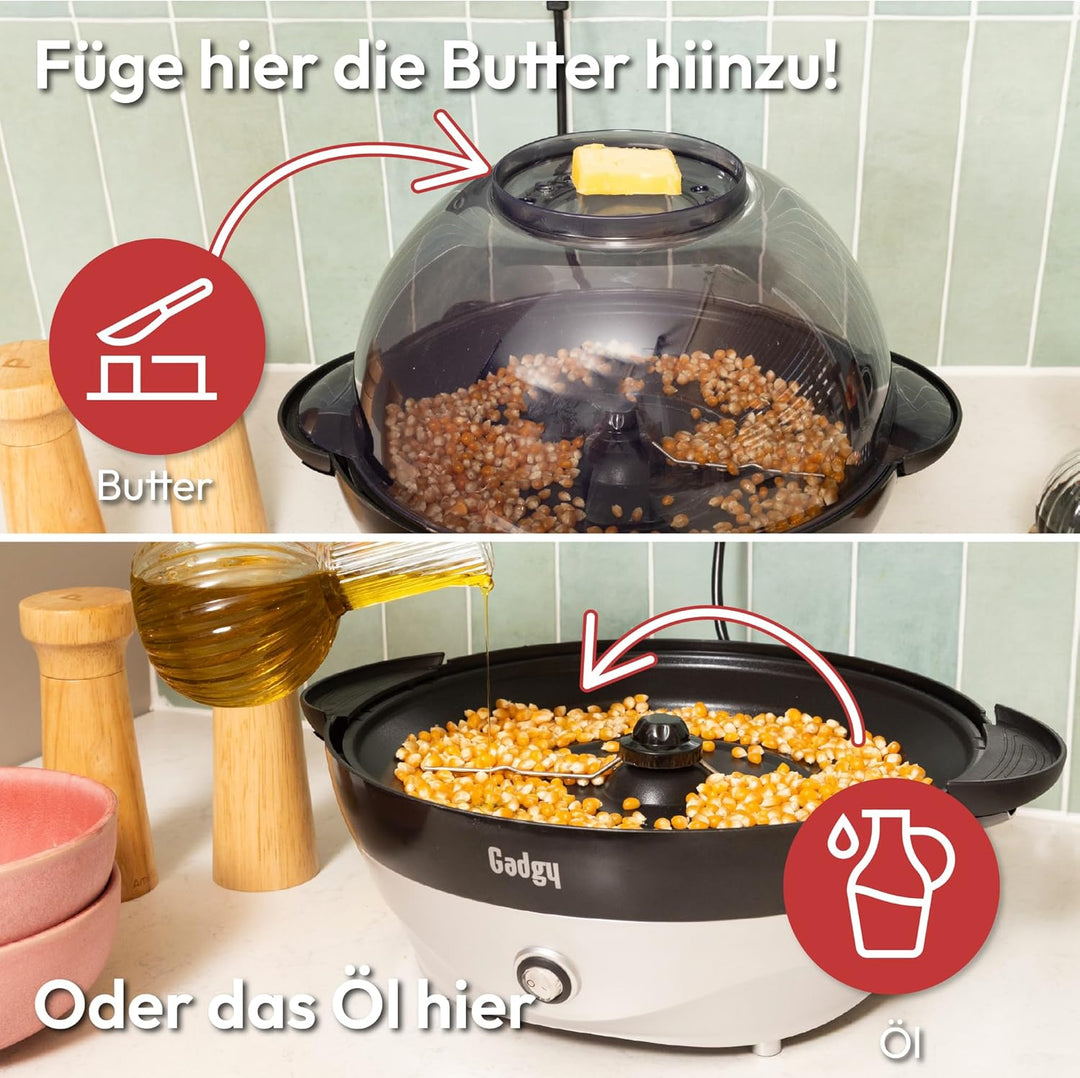 Gadgy Popcornmaschine – 800W Elektrische Popcorn Maker mit Rührwerk & Antihaft-Platte – 5L Popcornau