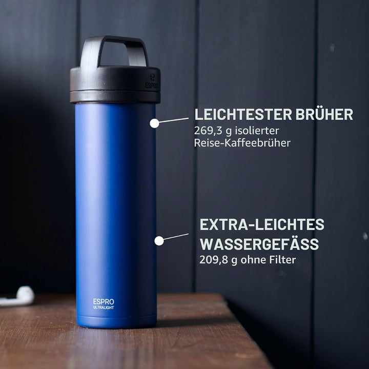 ESPRO Reise French Press Ultralight, Mini Coffee Maker mit Thermo-Funktion, 475ml, blau Blau ESPRO R