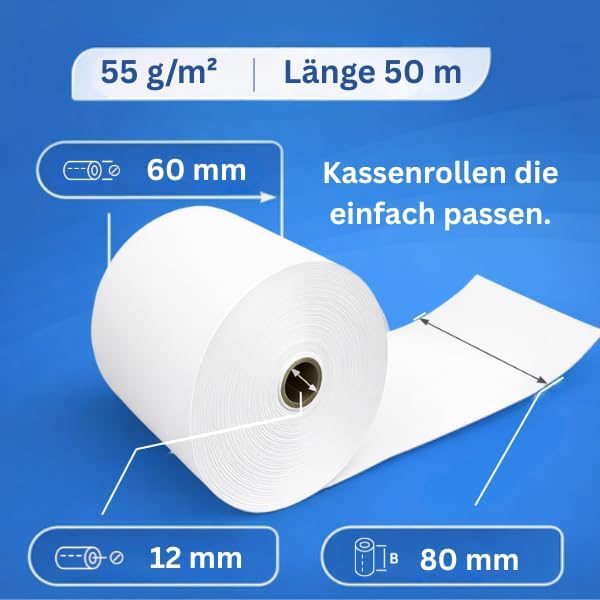 Bonrolle, Thermopapier, Bisphenol-A frei, 80mm / 50m / 12mm, 50 Stk. / Karton von Kassenbon24