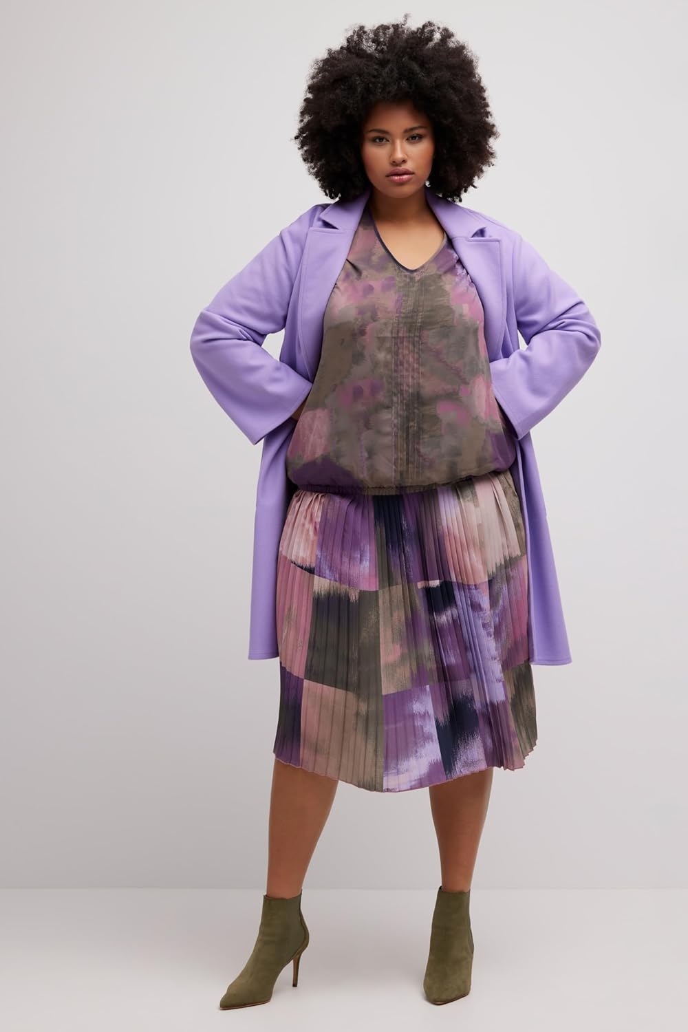 Ulla Popken Damen grosse Grössen Übergrössen Plus Size Bluse, Chiffon, V-Ausschnitt, Gummisaum, Lang