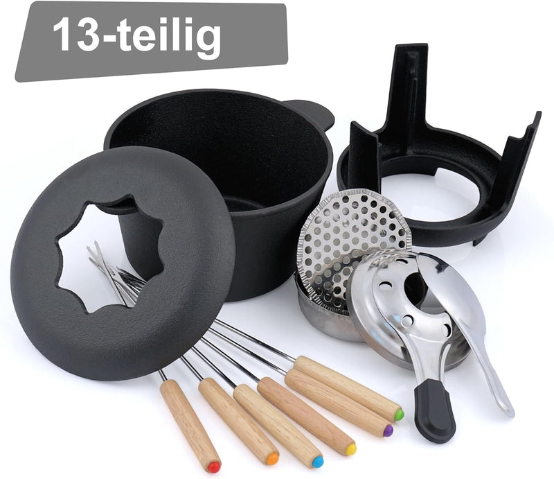 BBQ-Toro Gusseisen Fondue Set für 6 Personen | 1 Liter | Fondueset 13 teilig mit Brenner und Gabeln