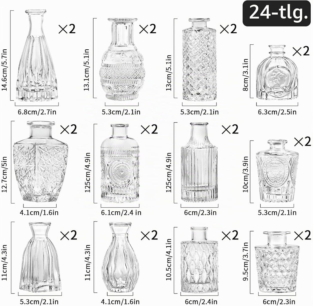 Kleine Glasvase Knospenvase Grosspackung Set mit 24 Mini-Vintage-Blumenflaschen Zarte Glasblumenvase