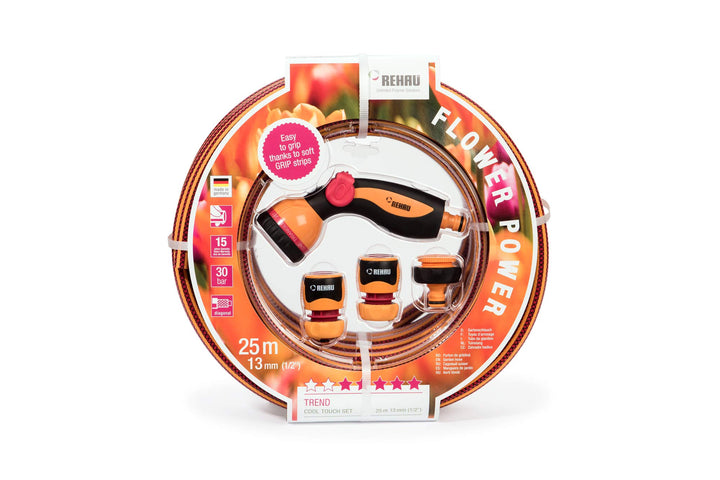 REHAU Gartenschlauch in trendigem Design Flower Power 1/2 Zoll 25m: besonders griffig, Set inkl. Gar