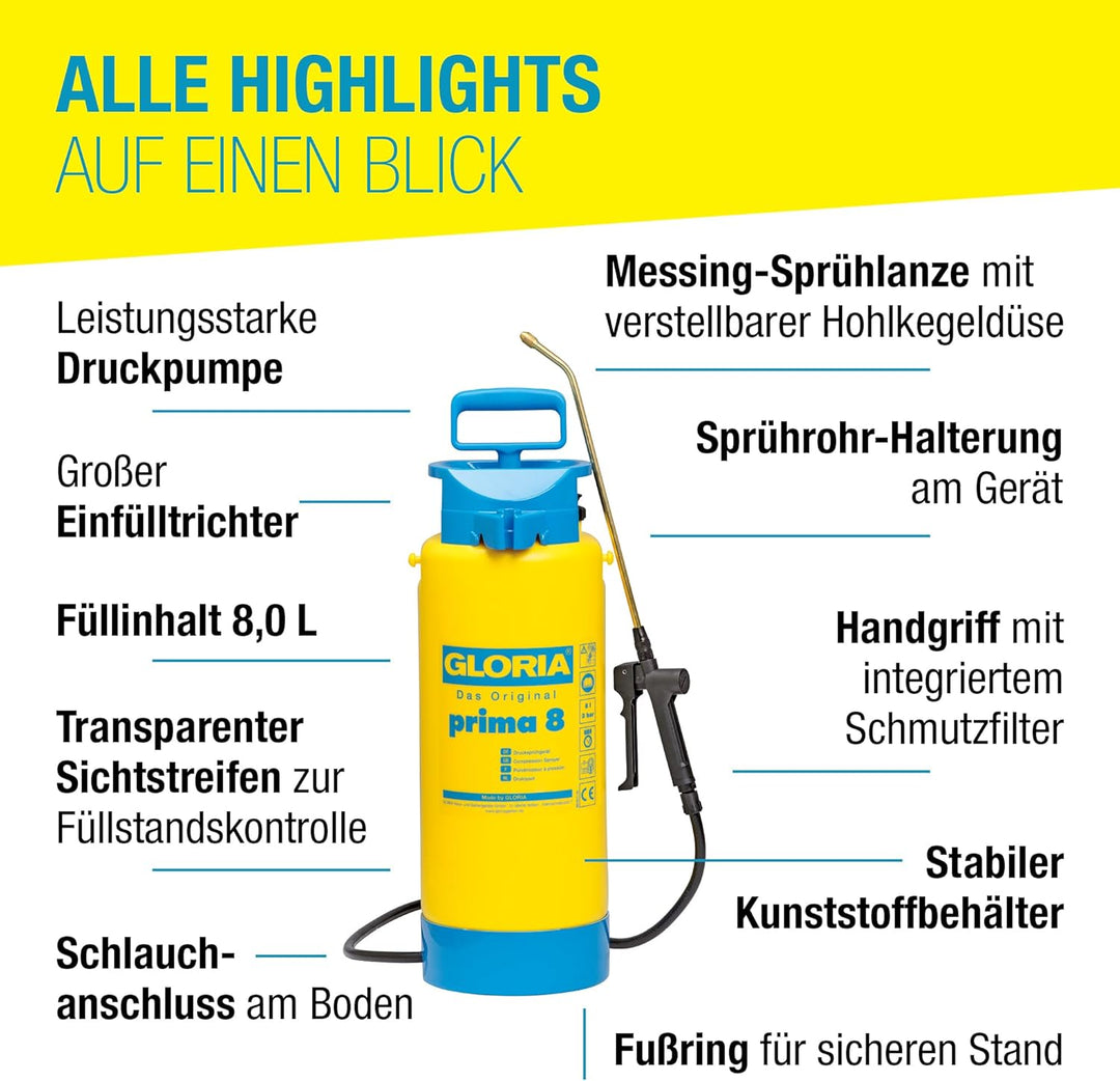 GLORIA Drucksprüher prima 8 | 8 L Gartenspritze, Unkrautspritze|Mit Messinglanze + verstellbare Mess