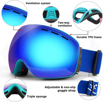 Trusiel Skibrille, Skibrille Damen Herren Anti-Fog Ski brille OTG, Skibrille für Brillenträger, 400