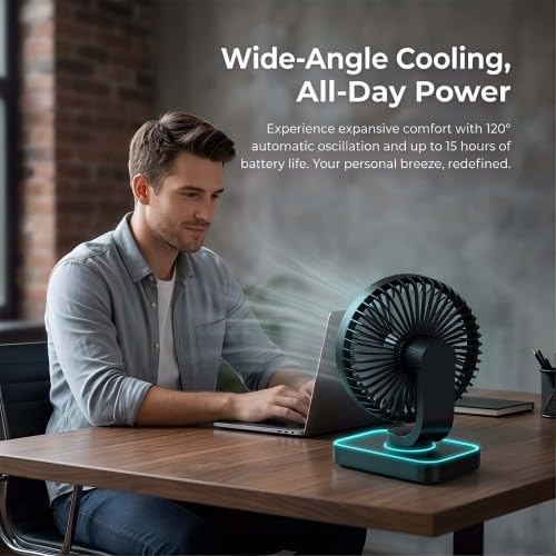 Tischventilator Leise Automatisch Oszillierend, 4000mAh Akku USB 5 Geschwindigkeiten LED-Digitalanze