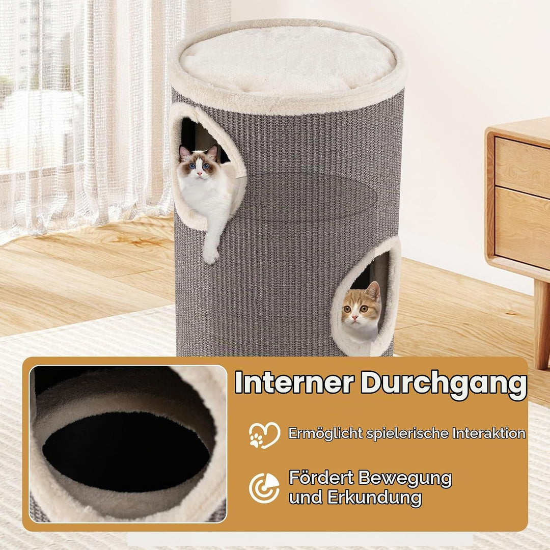 GOPLUS Kratztonne 3 Ebenen, 70 cm Katzentonne mit 3 Höhlen, Plüschbett, Liegefläche &amp; Sisal-Kratzbre