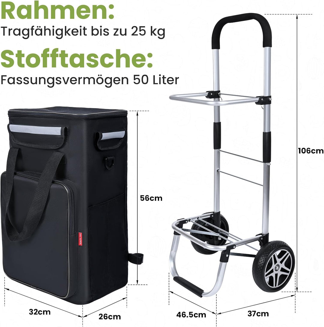 YEAUPE PRO Einkaufswagen mit Kühlfach | max. 50L & 25kg Traglast | Klappbarer 3in-1 Trolley Sackkarr