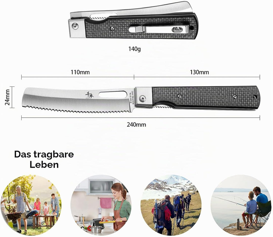 SENBON 440A Camping Brot Messer Edelstahl Sharp japanisches stil Falten Tragbare Reise Gebäck Kohlef