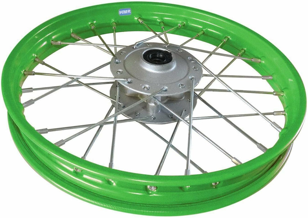 HMParts Stahl Felge 14 Zoll vorne Grün Geeignet für fast alle Modelle mit 12 mm Achse Dirt Bike, Pit