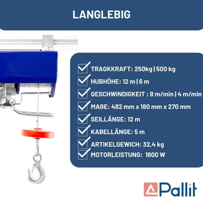 Pallit elektrische Seilwinde HOISTEXT | 250 kg/12 m | 500 kg/6 m | extralanges 5 m Kabel | inkl Kabe