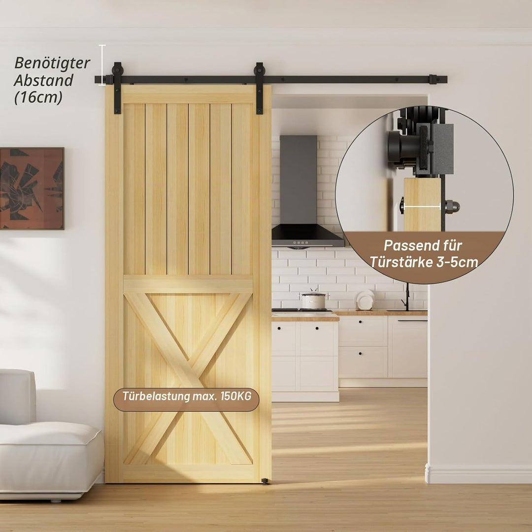 TSMST 183cm Schiebetürsystem Komplett-Set für Schiebetüren mit Bodenführung Schwarz Schienen-Kit Pas