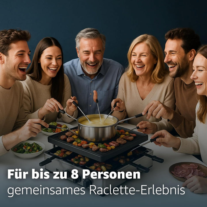 Raclette Fondue Set 8 Personen Set - mit Topf & Grillplatte - inkl. Pfännchen & Schaber (Fondue Set)