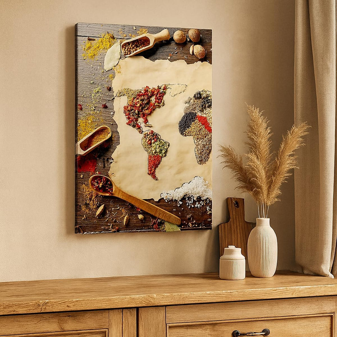 Bilder auf Leinwand 55x100cm Leinwandbild mit Rahmen Welt Karte Gewürze Farben Gross Wanddeko Bild S