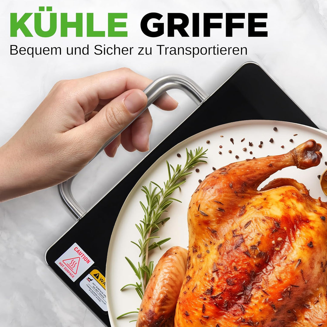 NutriChef Warmhalteplatte Elektrisch – 50,8 x 30,5 cm Glas-Kochplatte mit Griffen für Speisen, Für B