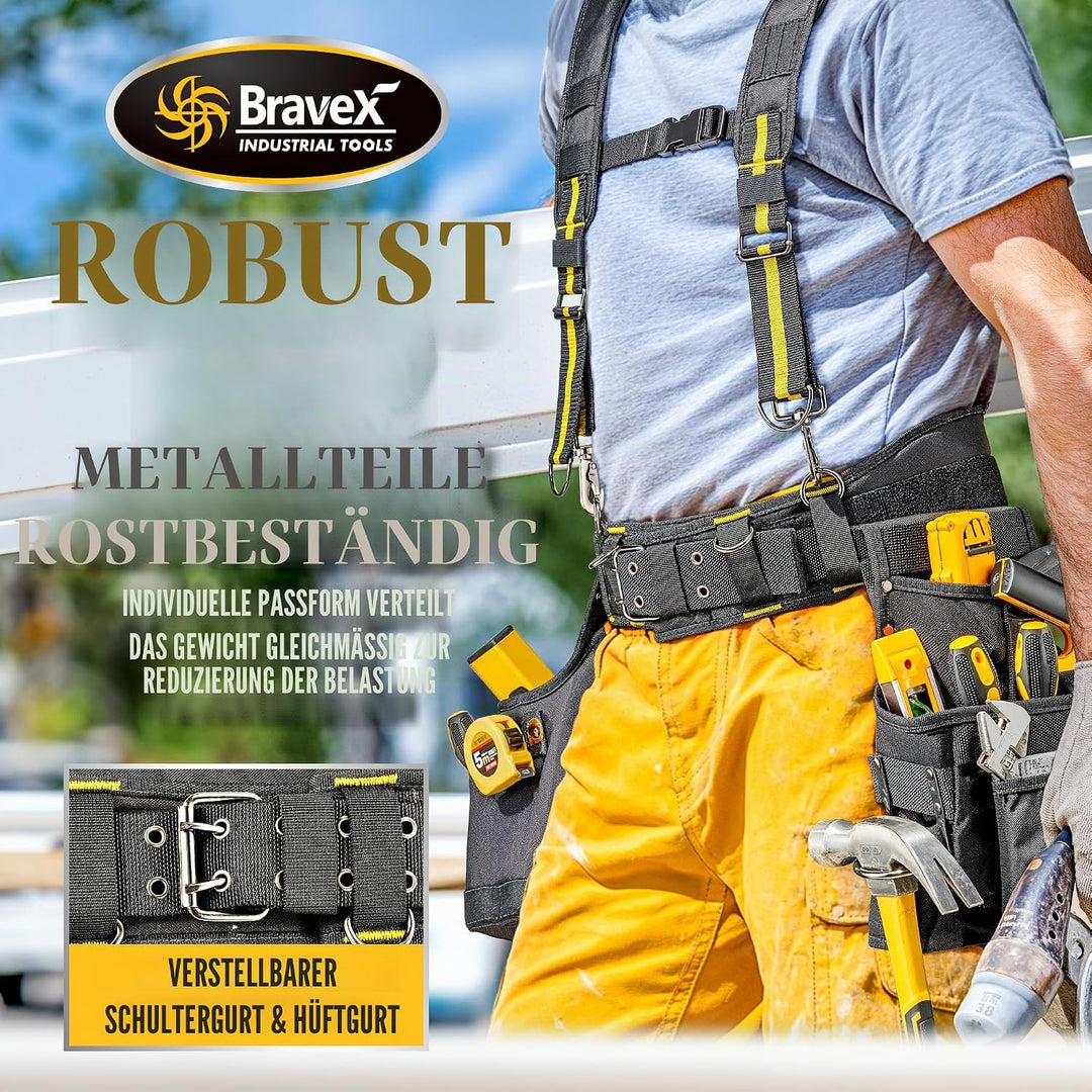 Bravex Tool Belt Suspenders - Pro Ultra Anti-wear 20 Bags Y-Style Tool Belts 5 Combo Apron Tool Pouc