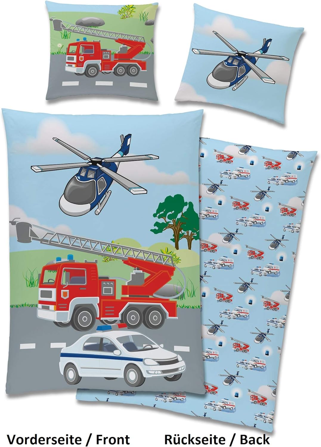 TexIdea Polizei Feuerwehr Bettwäsche Set · Wende-Motiv · Bett-bezug 135x200 cm · Kopfkissen-bezug 80