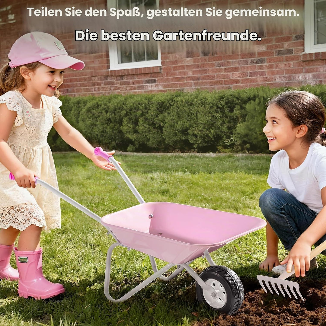 ROBUD Kinderschubkarre Metall mit Gartengeräte Set, 6-teilig Kinderschubkarre mit Langer Schaufel, R