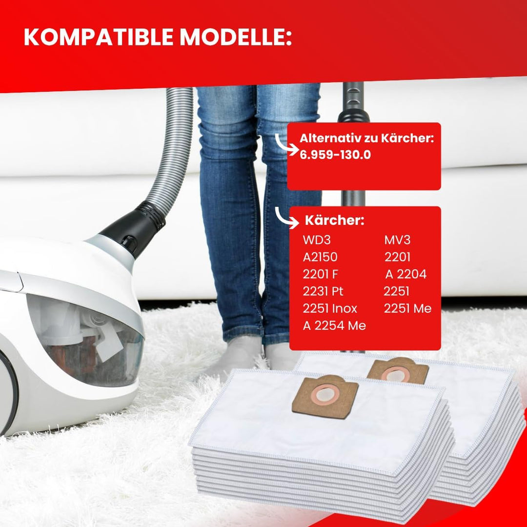 Invest - Staubsaugerbeutel Ersatz, Filtertüten kompatibel mit Kärcher: A 2150, 2201, 2201 F, A 2204,