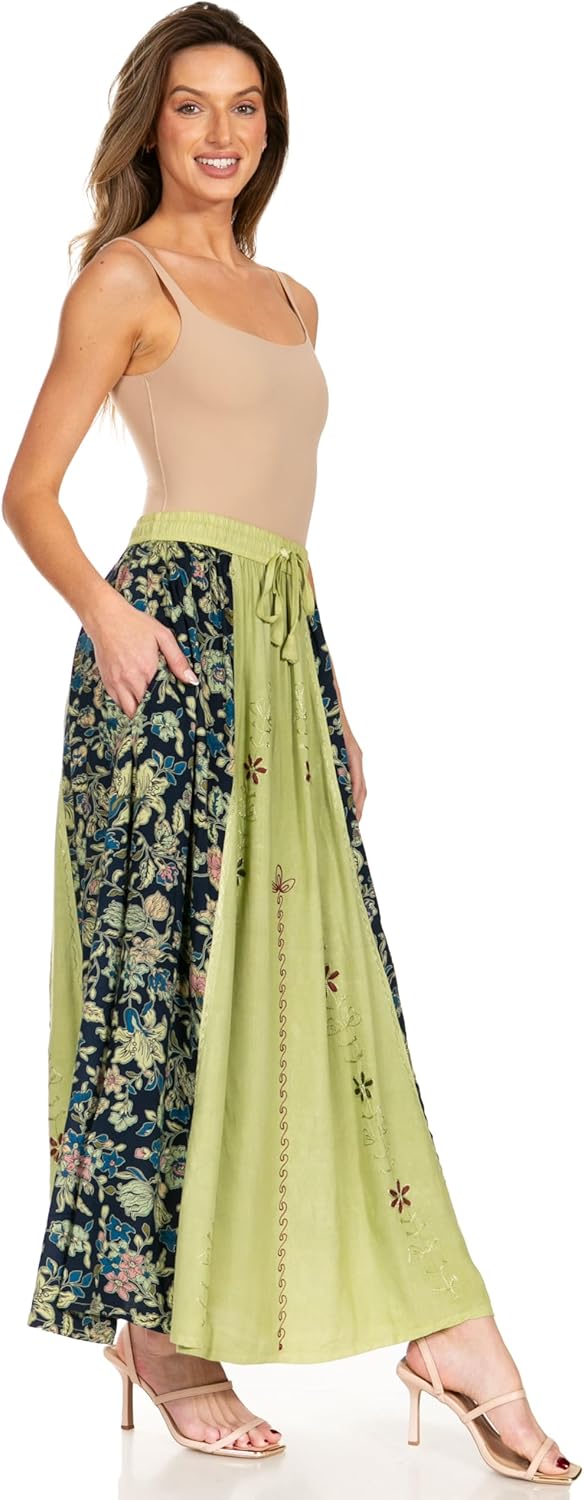 Sakkas Maran Frauen Boho Stickerei Rock mit elastischer Taille und Taschen Einheitsgrösse Olive, Ein