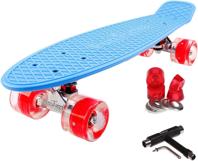 FunTomia Skateboard 57cm Mini-Cruiser Board mit T-Tool, ABEC-9 Kugellager, LED Rollen, Kinder Anfäng