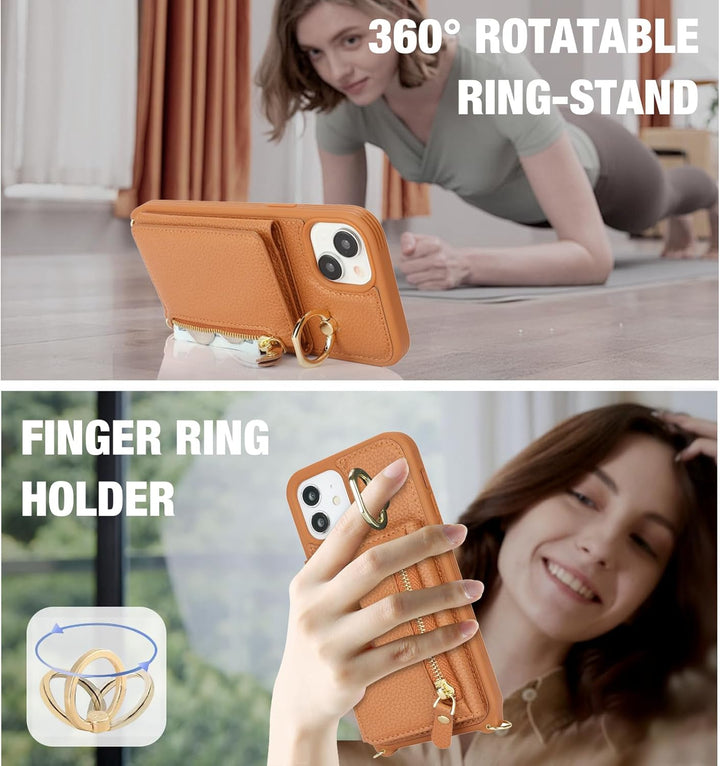 ELTEKER Handyhülle für iPhone 13 Mini Hülle mit Band Kartenfach Ringhalterung Geldbörse,Leder Klapph