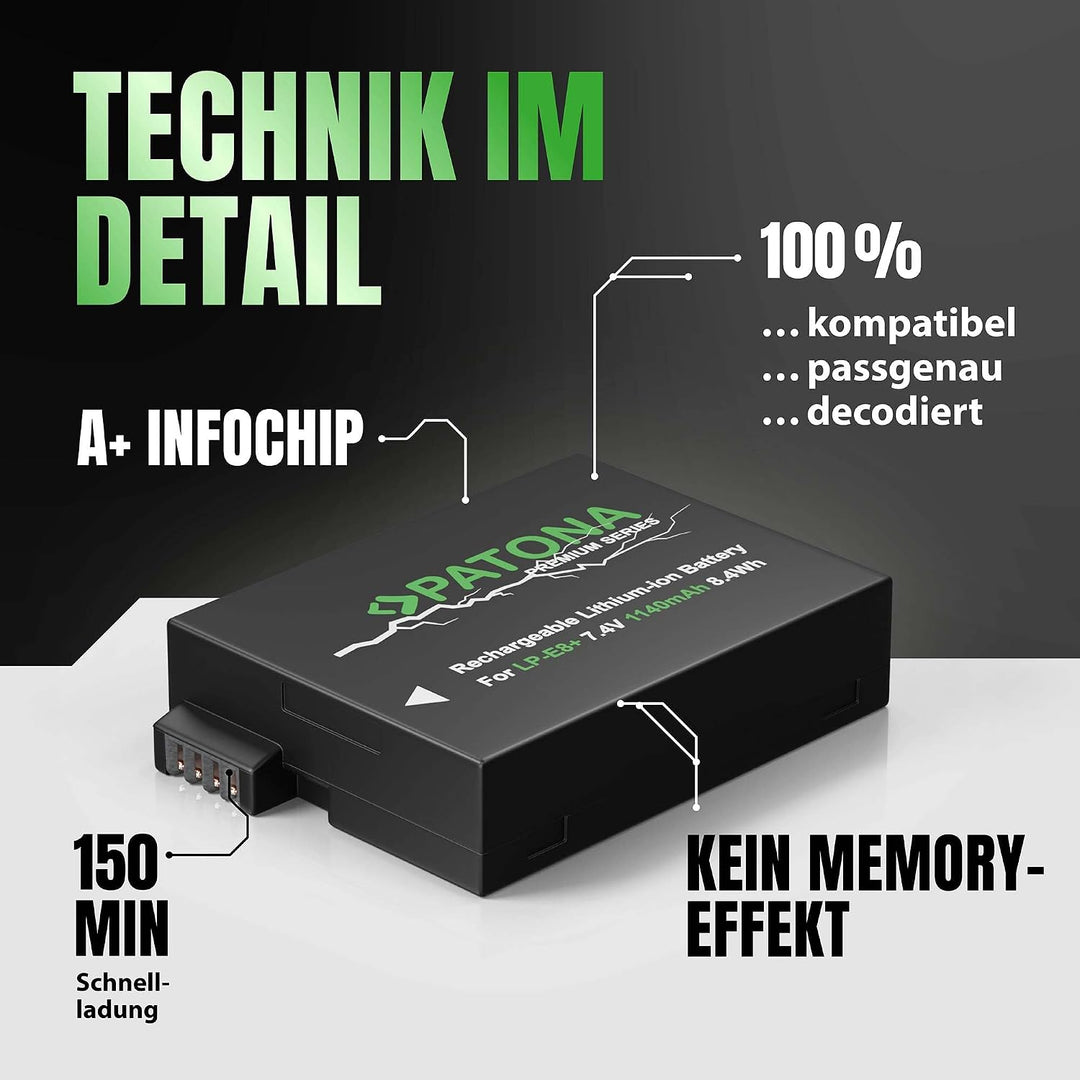 PATONA 2X Premium Akku Ersatz für Canon LP-E8 LP-E8+ Battery Pack 1140mAh | Ersatzakku für EOS 550D