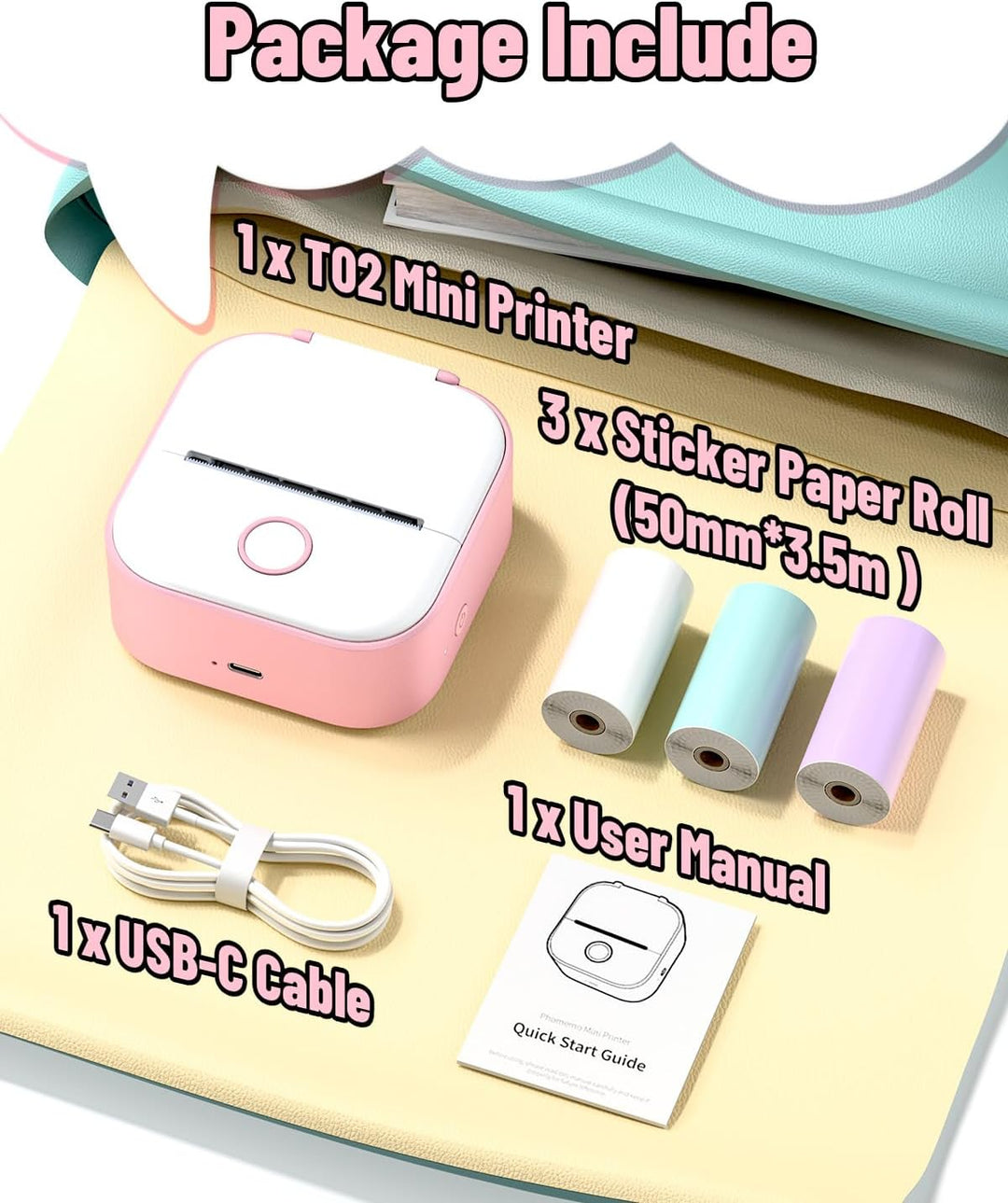 Phomemo Mini Etikettendrucker,T02 Sticker Fotodrucker für Smartphone,Handy Thermodrucker klein mit 3