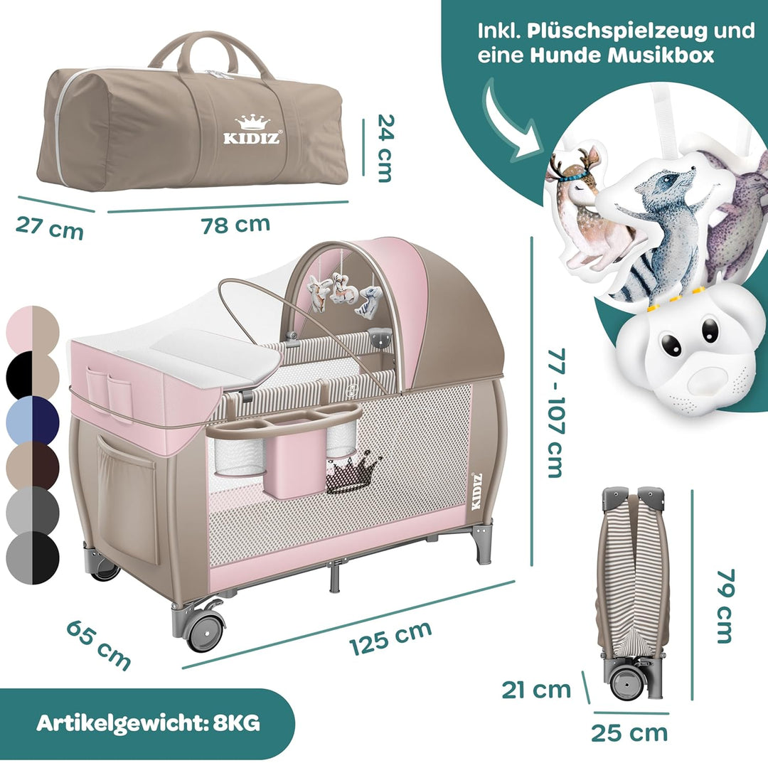 Kidiz® Babybett Reisebett Kinderreisebett klappbar mit Matratze & Räder 120x60, Seiteneingang, Wicke