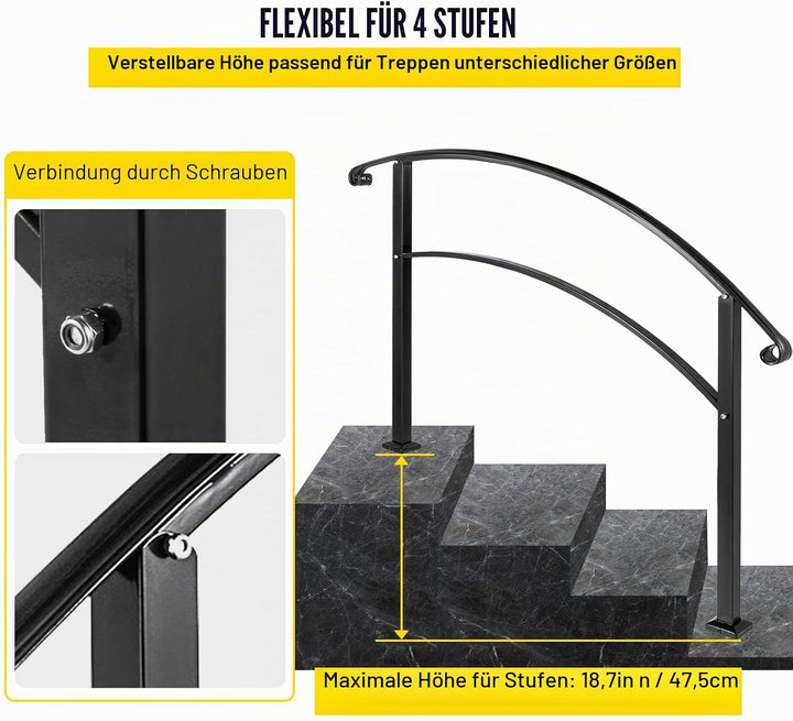 Happybuy 4-stufiger verstellbarer Handlauf passt 1 oder 4 Stufen Mattschwarze Treppenschiene schmied