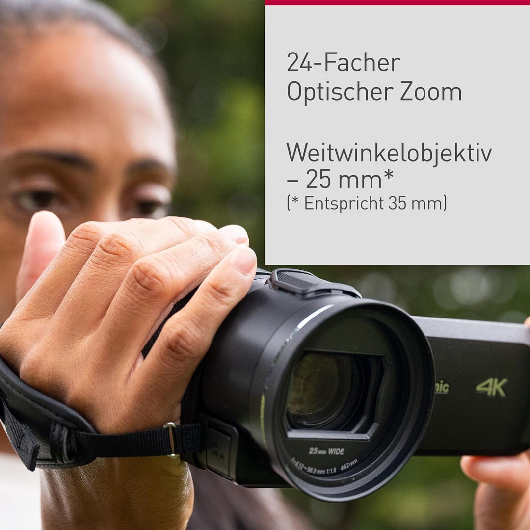 Panasonic HC-VX3E-K 4K-Camcorder, Video (25p), 25-mm-F1.8-Weitwinkelobjektiv, 24-facher optischer Zo