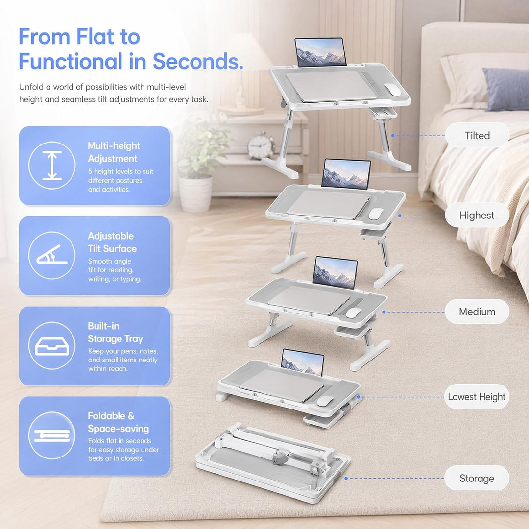Klappbarer höhenverstellbarer Lapdesk mit Schublade für Bett und Sofa | Ideal zum Arbeiten und Lerne
