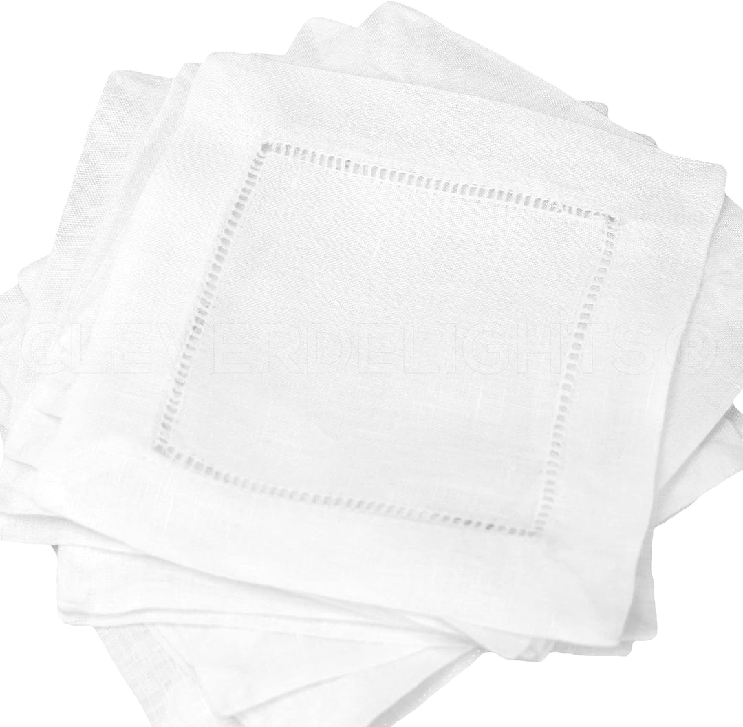 12 CleverDelights White 100% Cotton Hemstitch Cocktail Napkins - 6 x 6 Ladder Hemstitch Cloth Bevera
