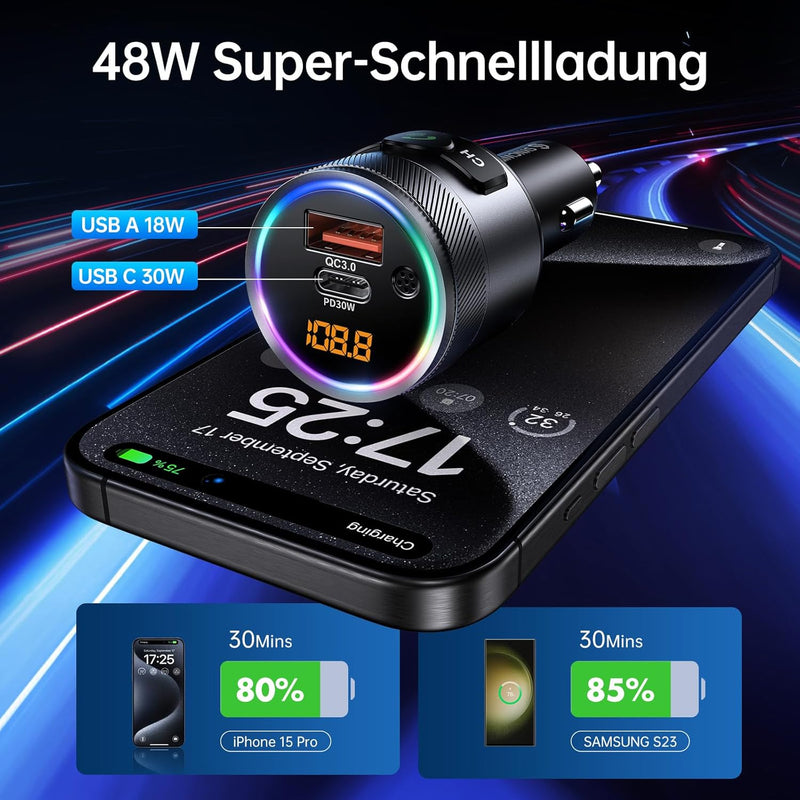 SYNCWIRE Bluetooth 5.3 FM-Transmitter für das Auto, 48W Max PD & QC 3.0 Schnelllade-Autoladegerät ,