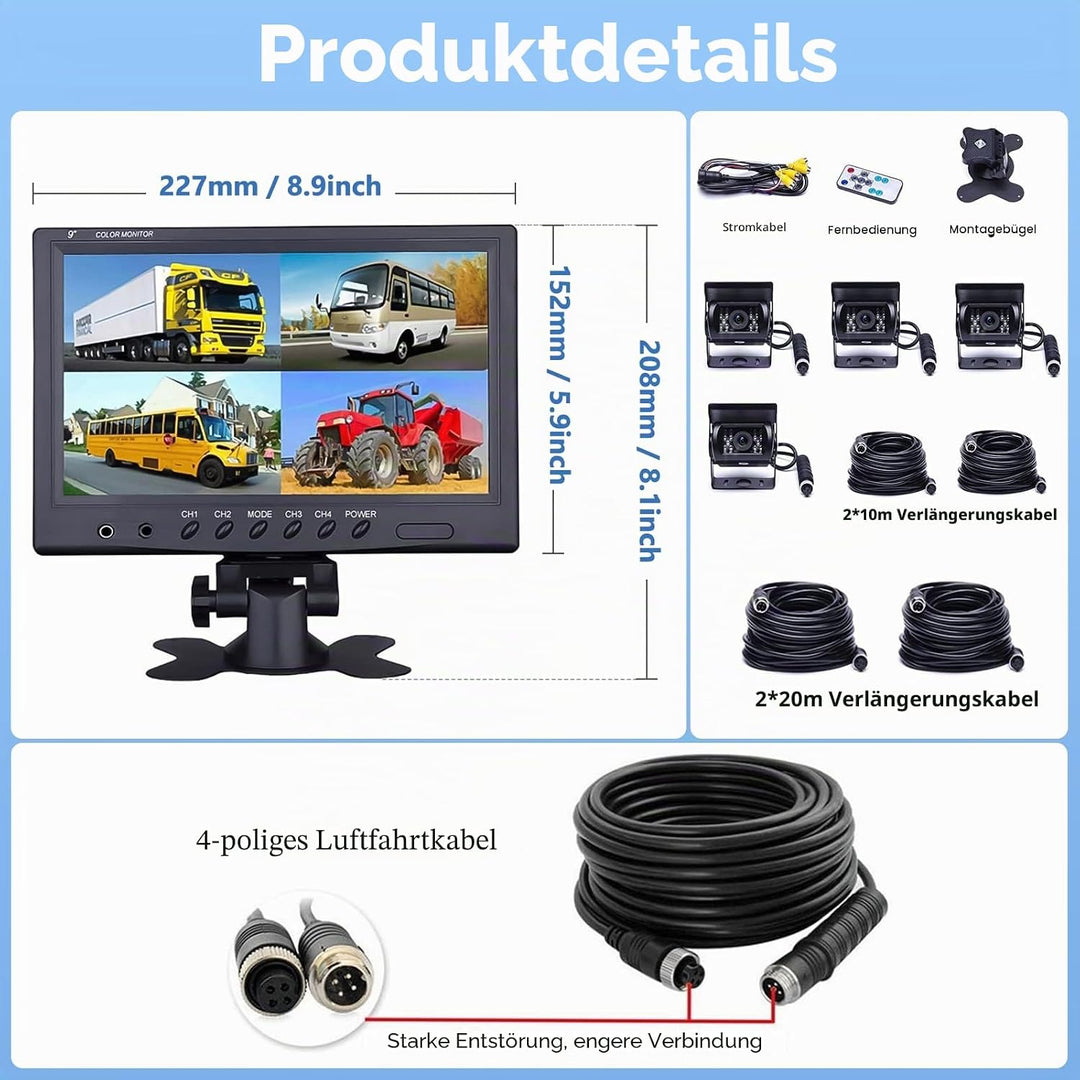 CAMECHO Rückfahrkamera 4 Kameras Set, 9 Zoll Monitor 4 Geteilte Rück und Vorder Kamera, Weitwinkel,