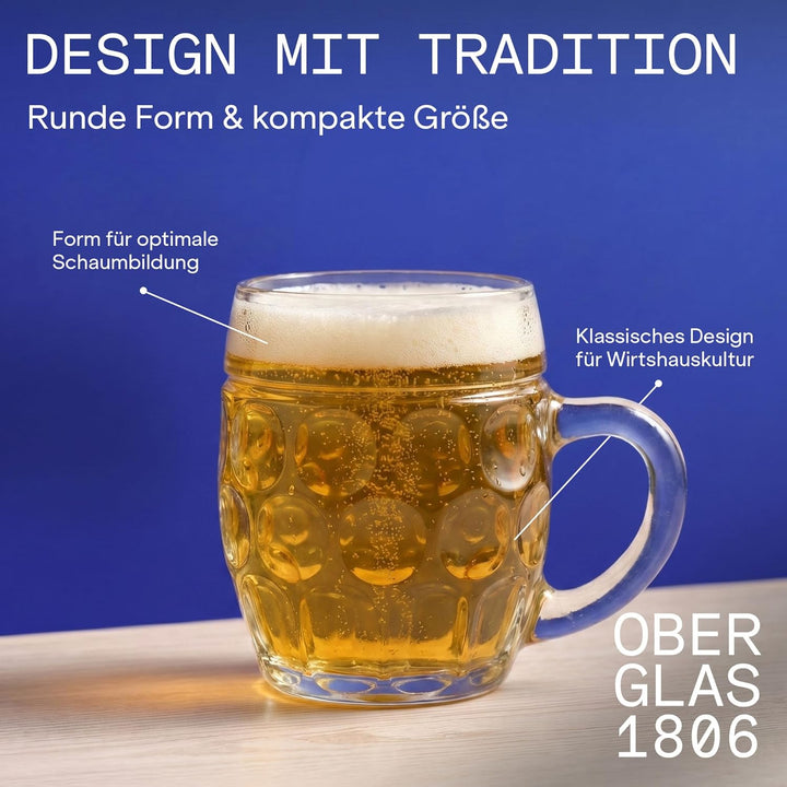 Oberglas Tübinger Augenkanne Bierkrug mit Schild / 6er Set Bierkrüge 250 ml mit Füllstrich/Stabiler