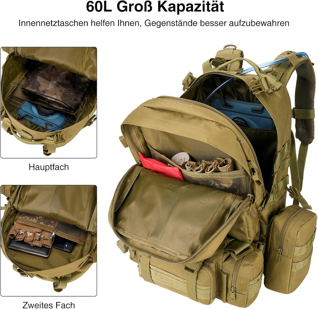 Taktischer Rucksack, 60L Militär Armee Rucksack, grosser Survival Molle Tagesrucksack für Herren und