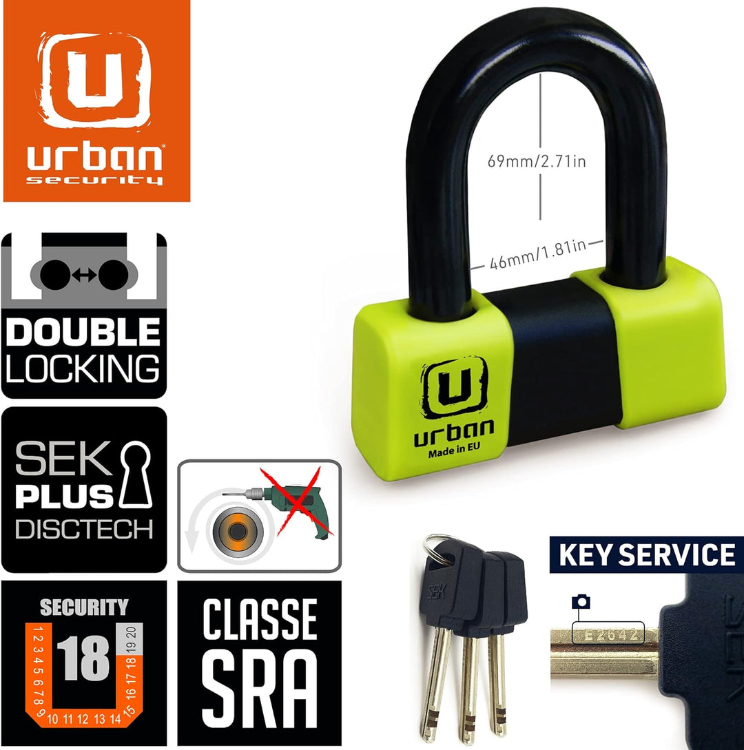 URBAN U75+10.120L Vorhängeschloss, Mini U 18 mm, hohe Sicherheit, zugelassen von Sra und Kette 10 mm