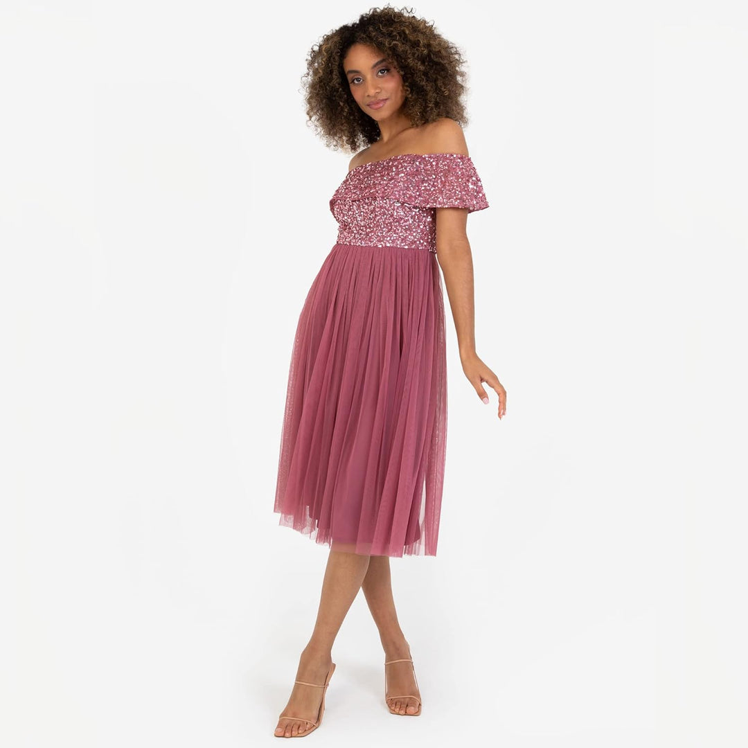 Maya Deluxe Damen Ladies Bardot Dresses Women Midi High Empire Waist Sequins Embellished Formal Even