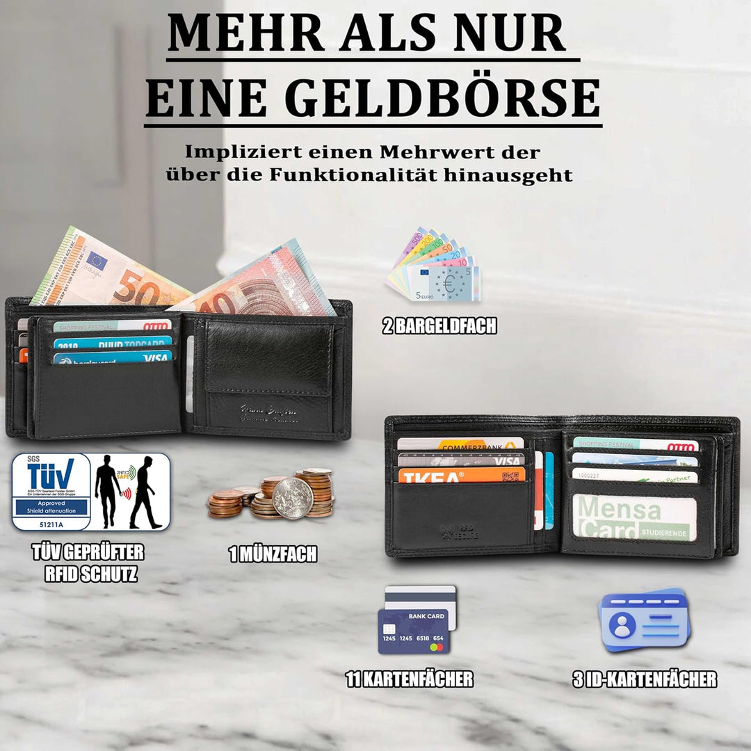 MATADOR Geldbörse Herren Leder Portemonnaie Männer TüV geprüfter RFID & NFC Schutz Schwarz/Black Nap