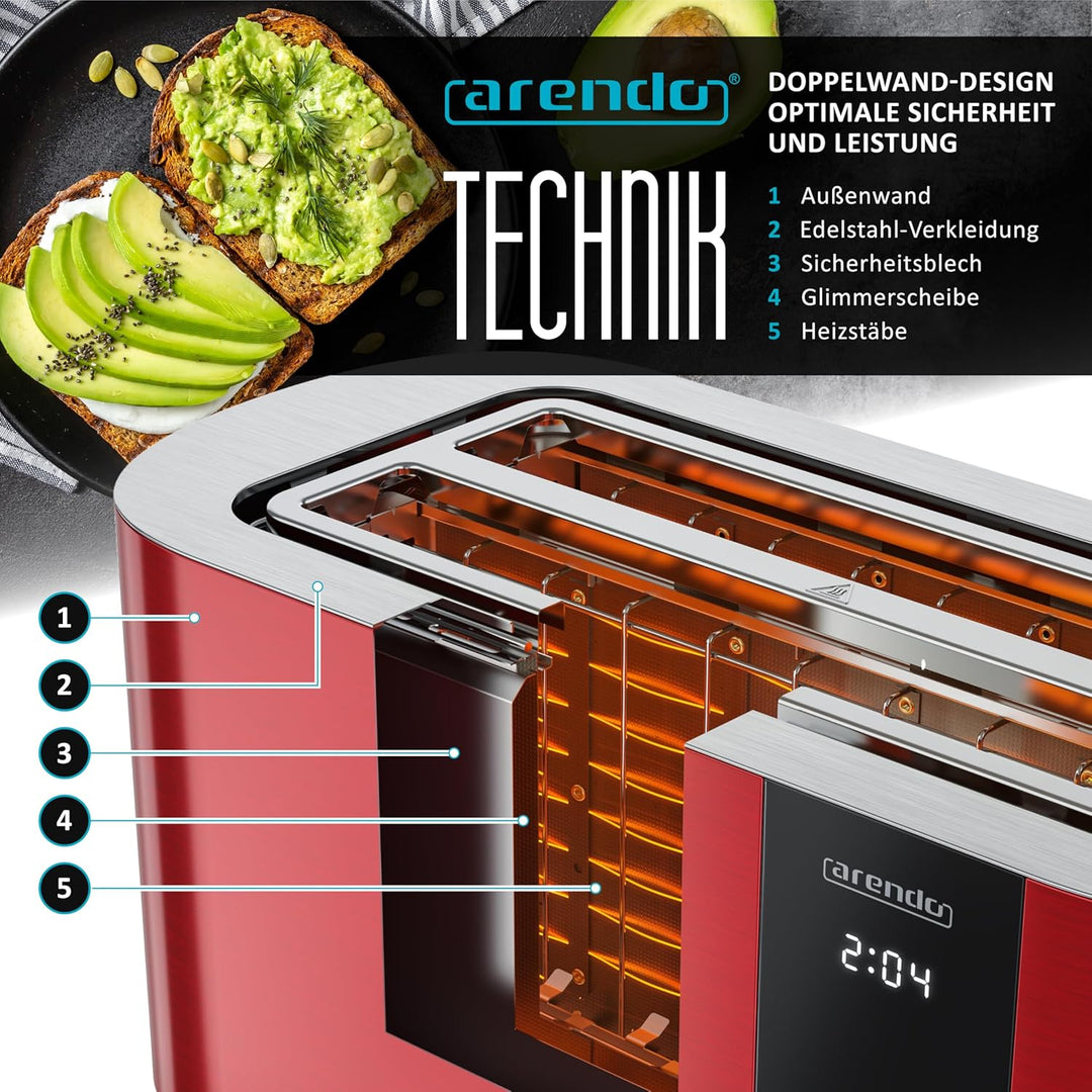 Arendo - Edelstahl Toaster 4 Scheiben Langschlitz - Touchscreen – Doppelwandgehäuse – 1500 W – Integ
