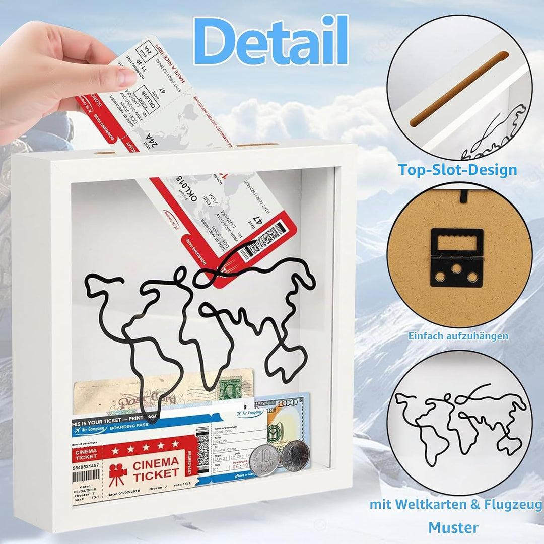 Abenteuer-Archivbox,Reise-Sammelbox,Ticket-Schattenbox,Bilderrahmen Spardose Wandbehang,Ticket Schat