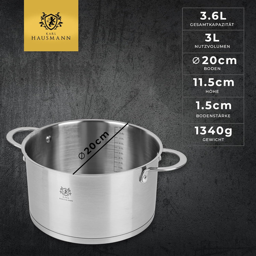 Edelstahl Topf - 3.6L - Ø 20 cm - Kochtopf Induktion für alle Herdarten Geeignet - Edelstahltopf mit