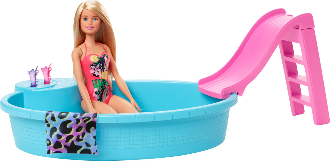 Barbie-Pool, 1x Puppe mit blonden Haaren, Pool und Rutsche, Accessoires, Geschenk für Kinder, Spielz