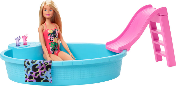 Barbie-Pool, 1x Puppe mit blonden Haaren, Pool und Rutsche, Accessoires, Geschenk für Kinder, Spielz