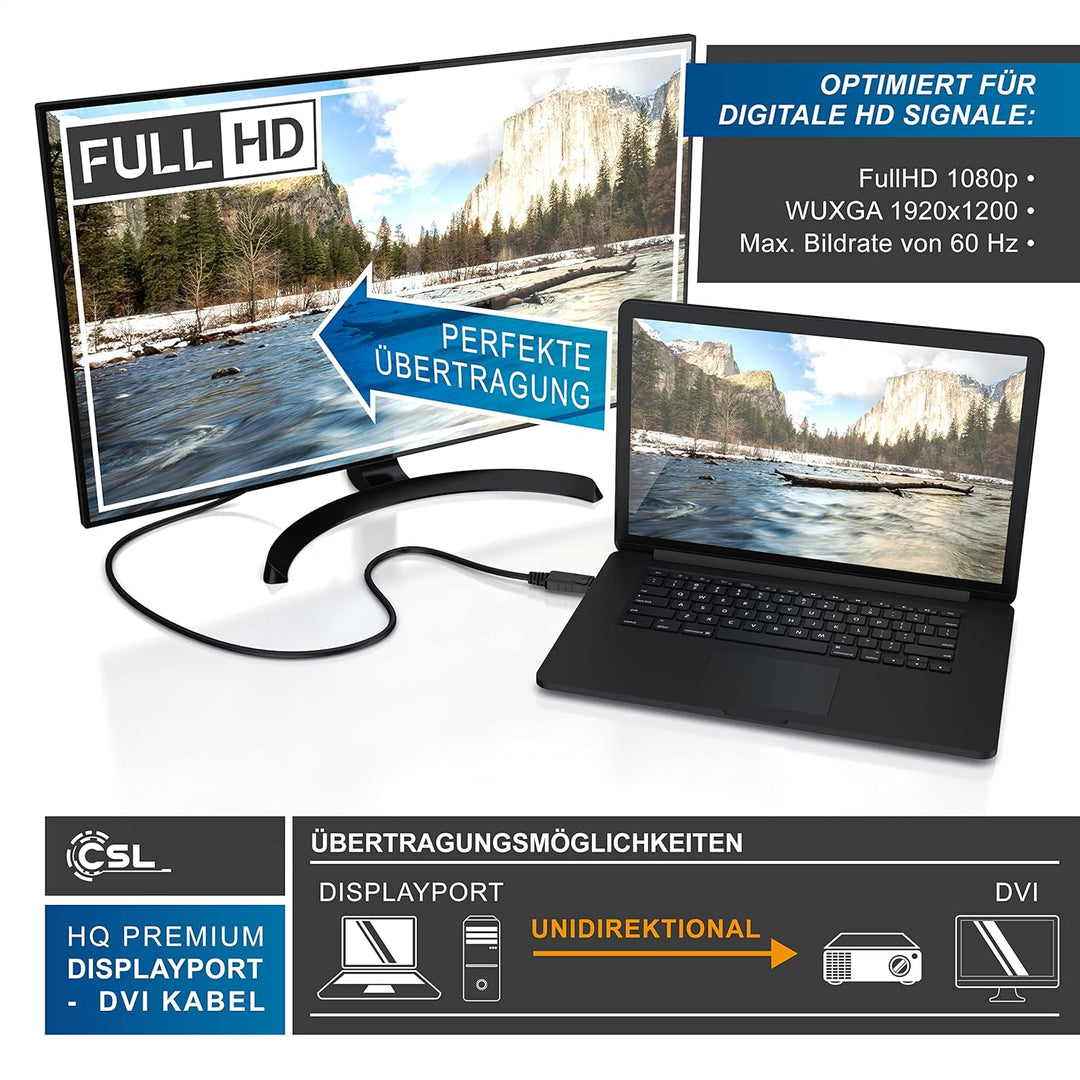 CSL - 1m Meter HQ Premium DisplayPort DP auf DVI Kabel - Zertifiziert HDCP und EDID - Full HD Ausflö