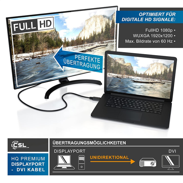 CSL - 1m Meter HQ Premium DisplayPort DP auf DVI Kabel - Zertifiziert HDCP und EDID - Full HD Ausflö