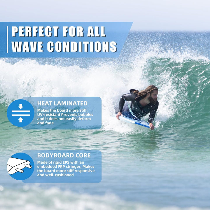 Body Boards for Beach Lightweight Durable Body Board with EPS Core Dual Channel Double Swivel Coiled